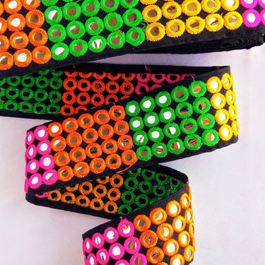 Black / Beige Fabric Mirrored Trim With Green, Orange, Yellow And Pink Embroidery With Mirrors